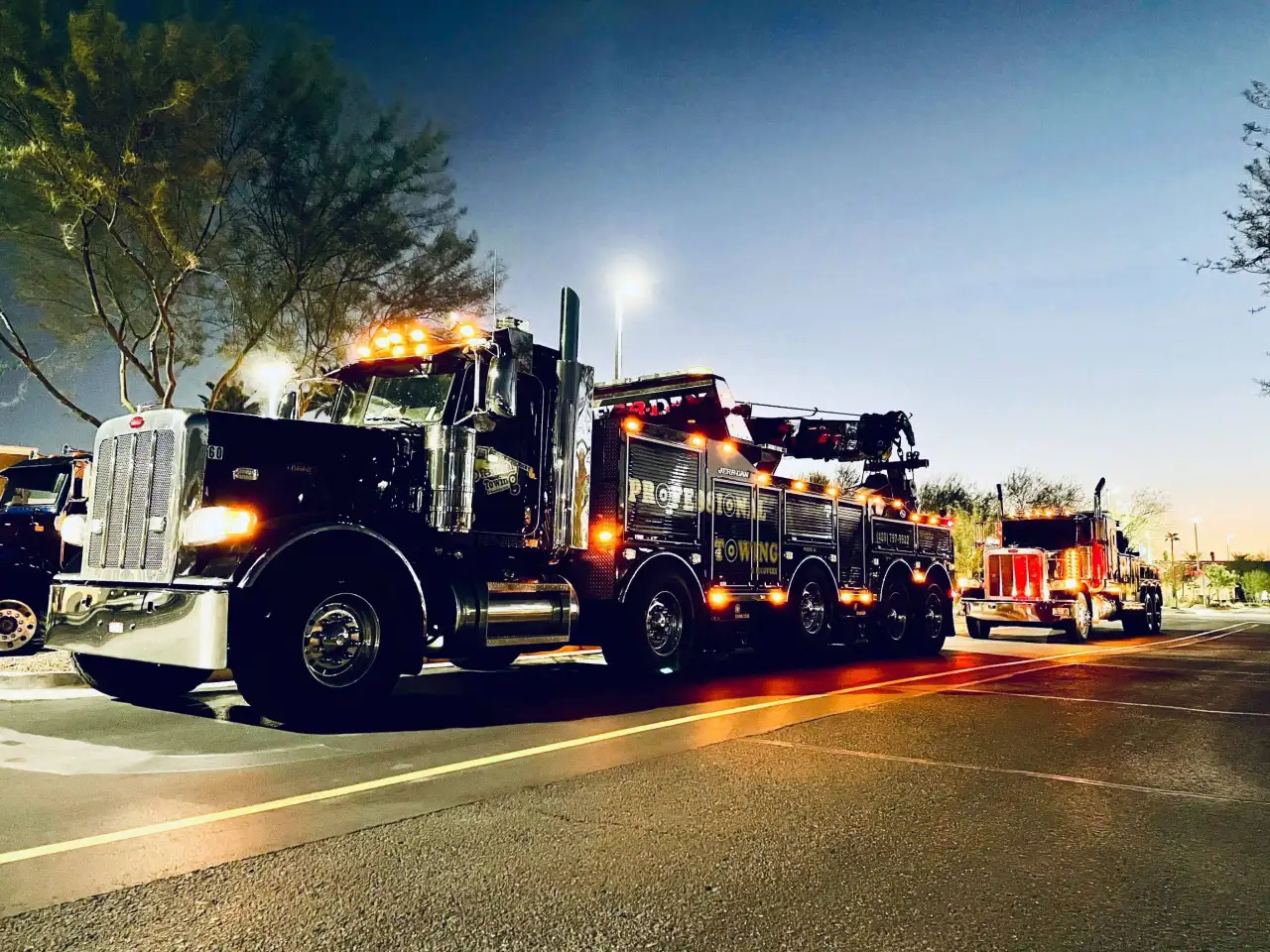 Cinematic professional tow truck on highway